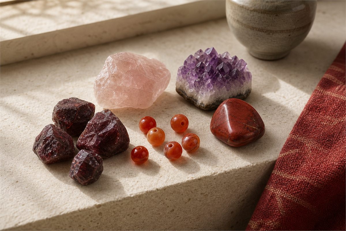 Garnet crystals, carnelian beads, red jasper, rose quartz, and amethyst in warm natural light