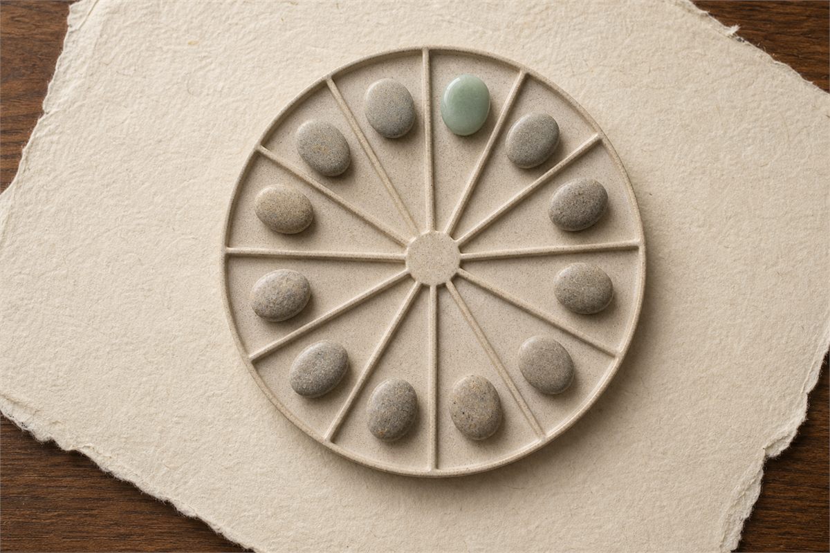 Twelve plain counters arranged in a circle with the first position marked in muted green