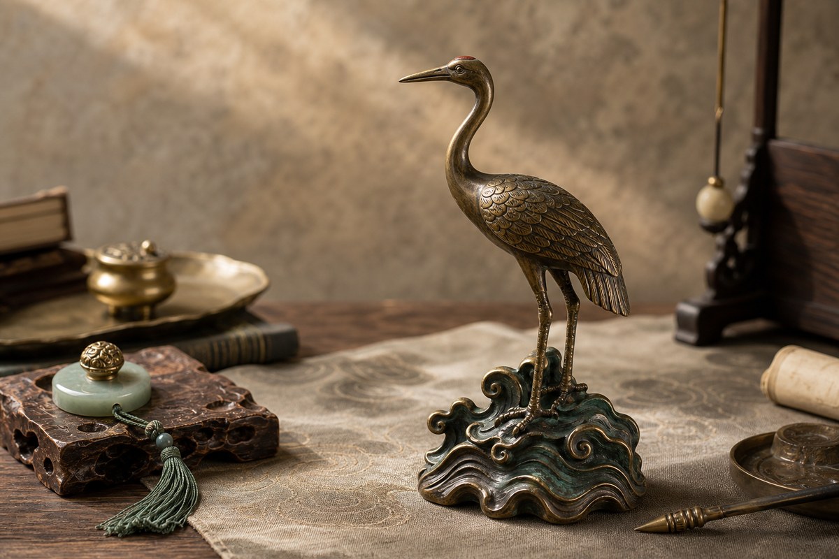 Bronze crane with wave rock and cloud motif, suggesting the first-rank bird Yipin Niao (一品鸟)