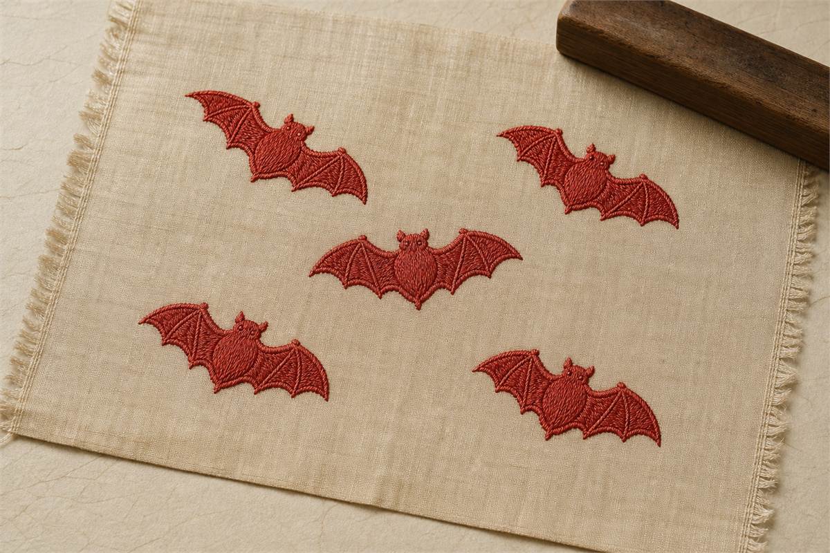 Five distinct red bats embroidered on warm ivory silk