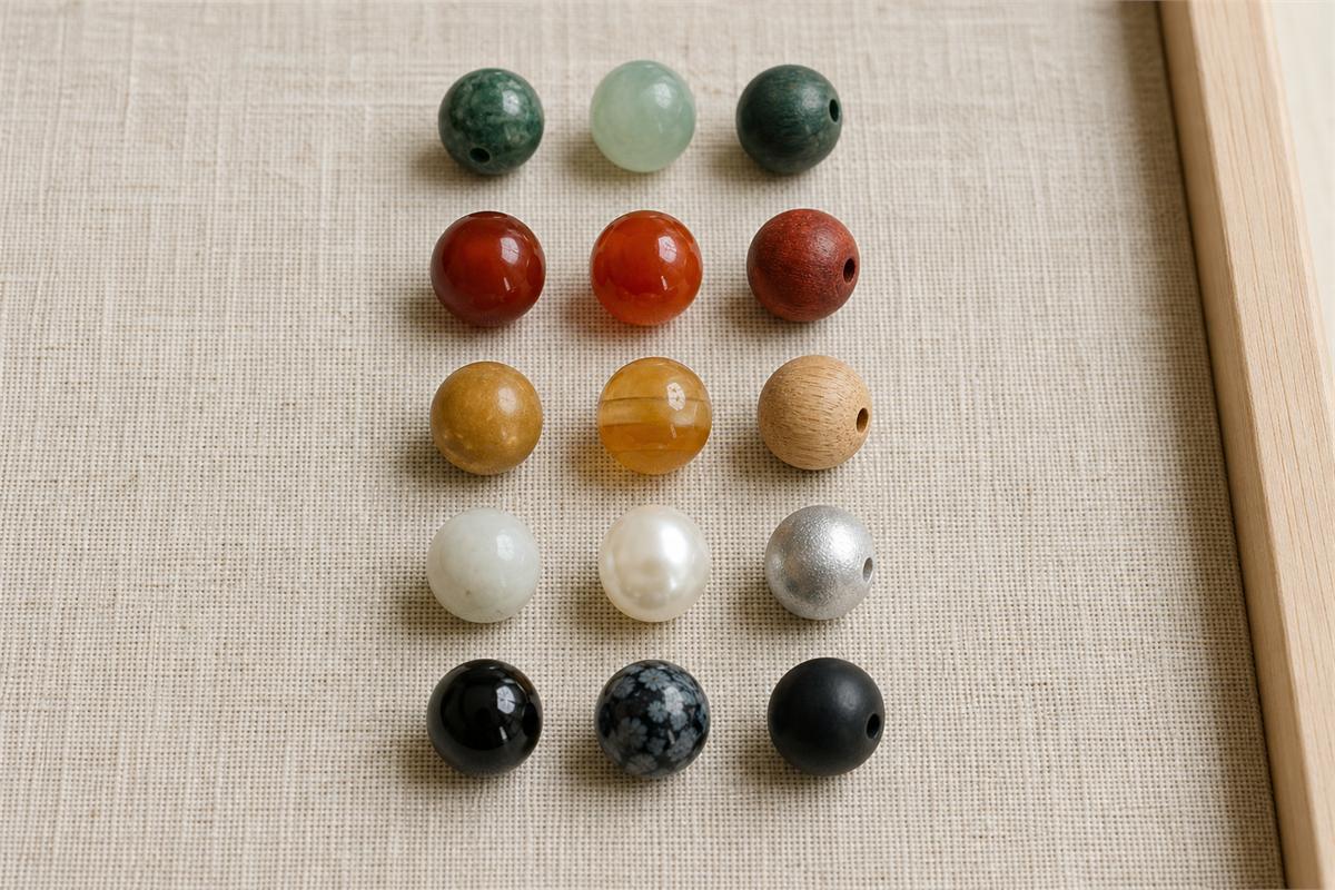 Five rows of green, red, yellow-brown, white-metallic, and black-blue bracelet beads