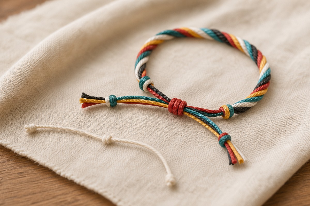 Close view of an adjustable knot and clean cord ends on a five color bracelet