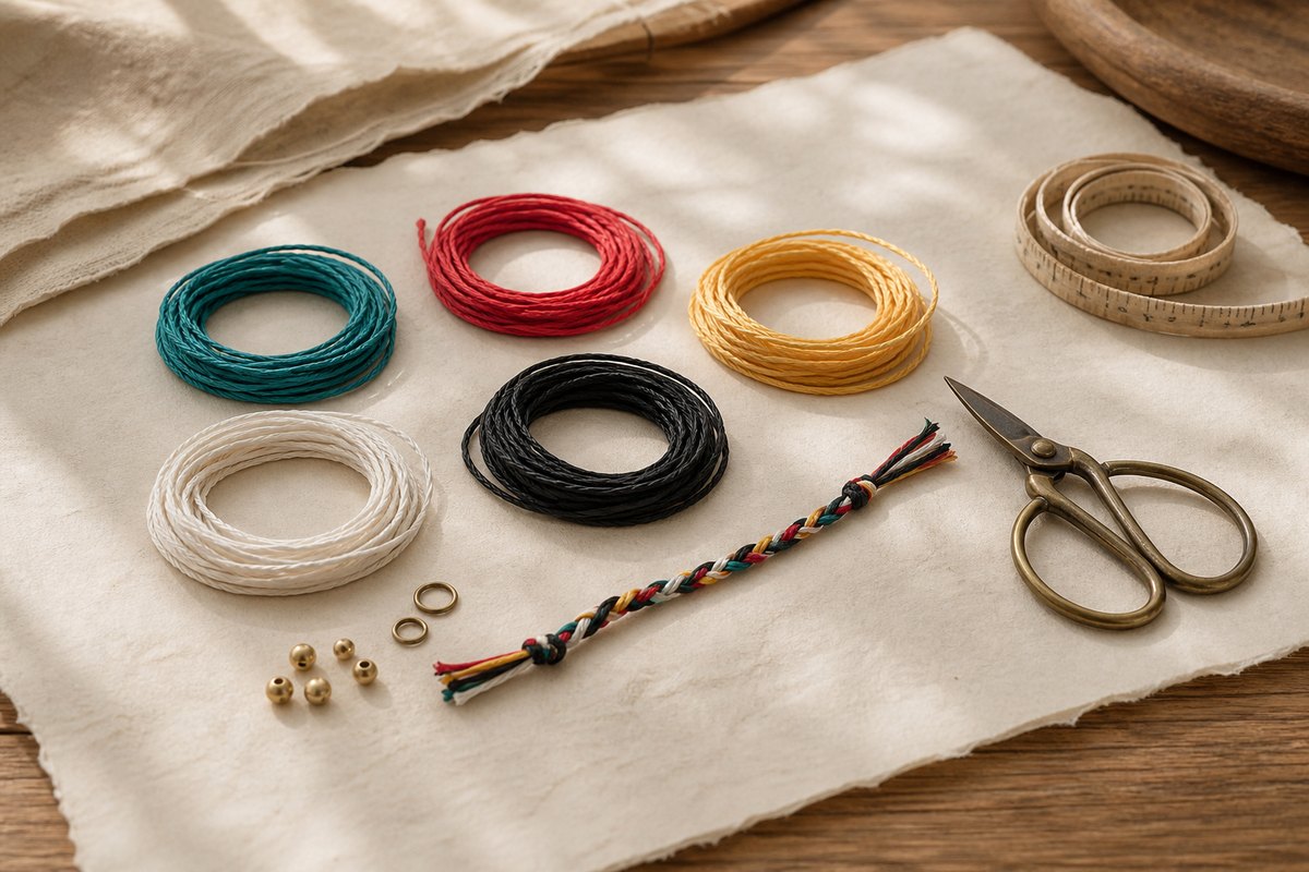 Five colors of thread with brass scissors, measuring cord, beads, and a partial braid