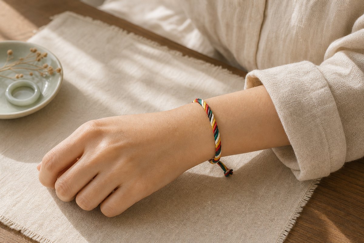 Five color cord bracelet worn with a neutral sleeve and a muted jade ring