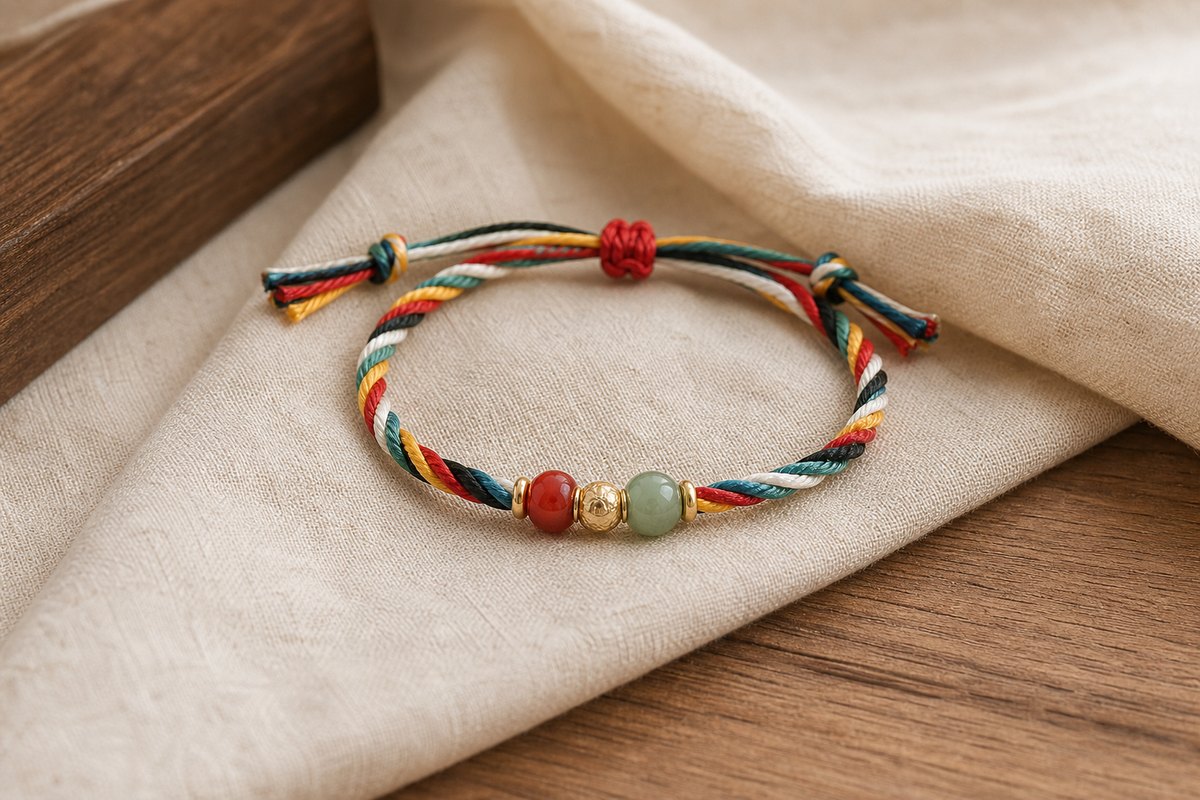 Five color cord bracelet with a small gold bead, muted jade bead, and cinnabar red bead
