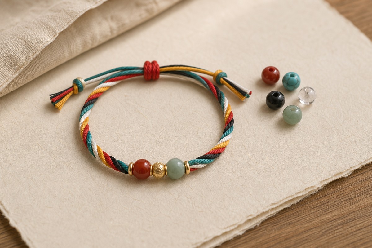 Five color cord bracelet with Nanhong style red, turquoise, crystal, black agate, and jade beads