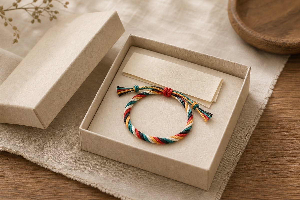 Five color cord bracelet inside an open neutral paper gift box on warm linen