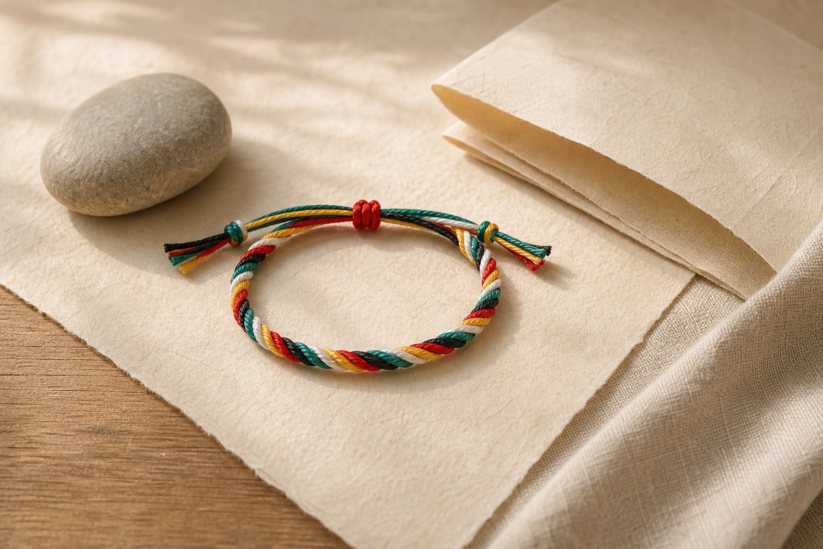 Five color cord bracelet resting beside a smooth stone and folded parchment in warm light