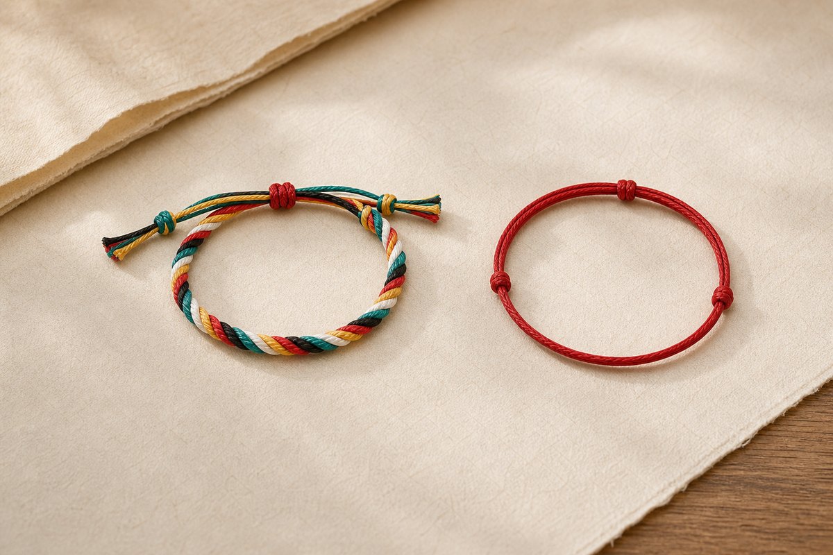 Five color cord bracelet beside a simple red string bracelet on handmade paper