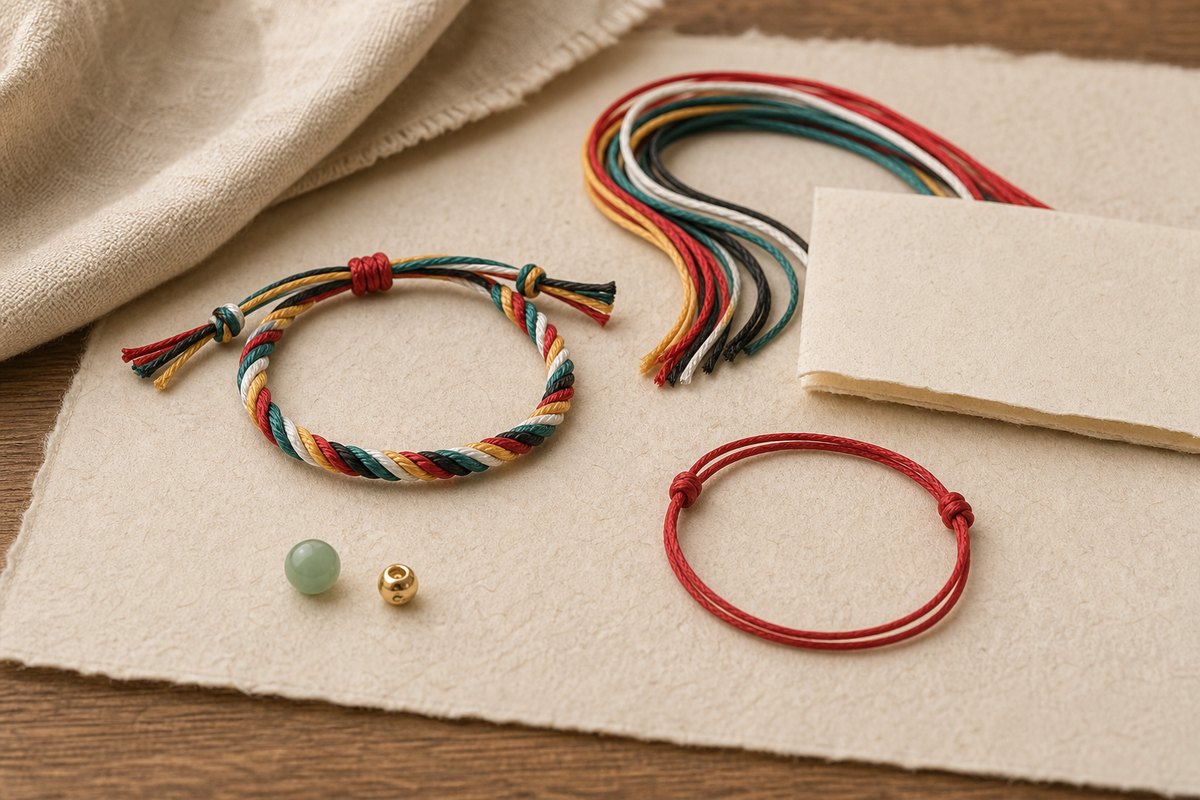 Five color cord bracelet with loose thread, red cord, small beads, and blank folded paper