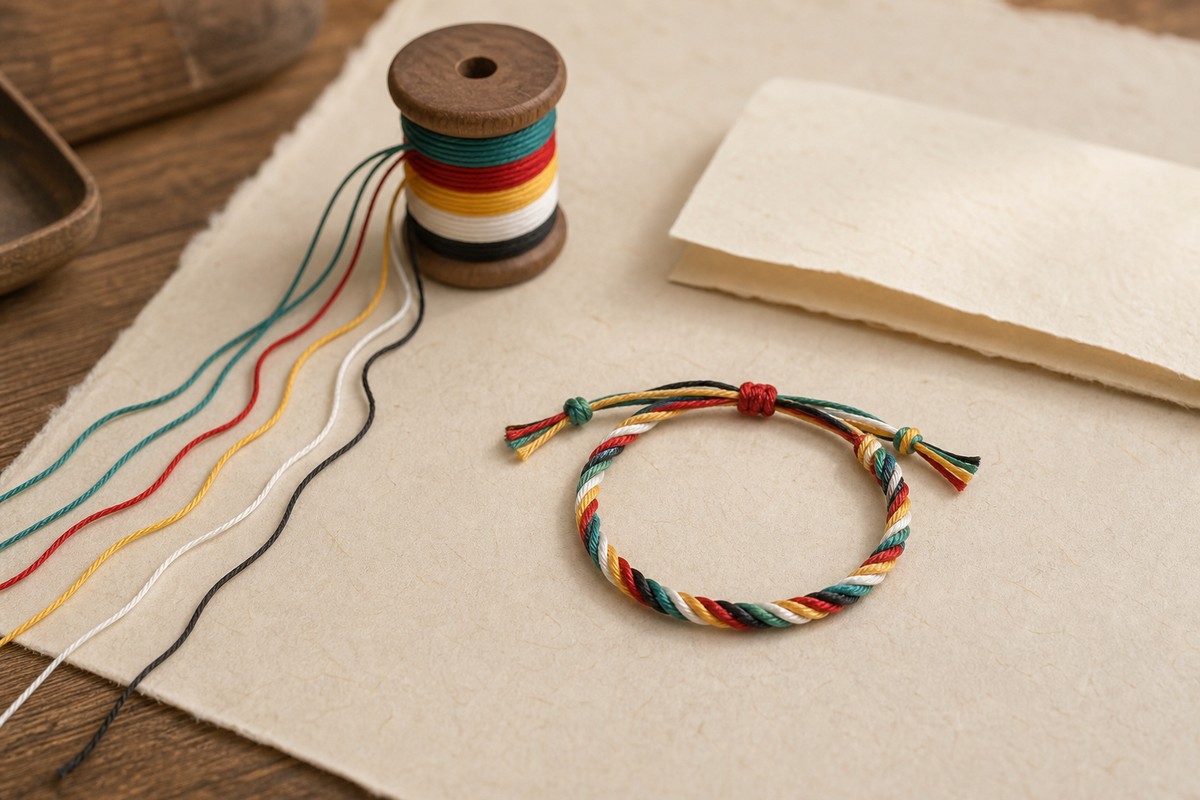 Loose five color threads, a wooden spool, and a braided bracelet on handmade paper