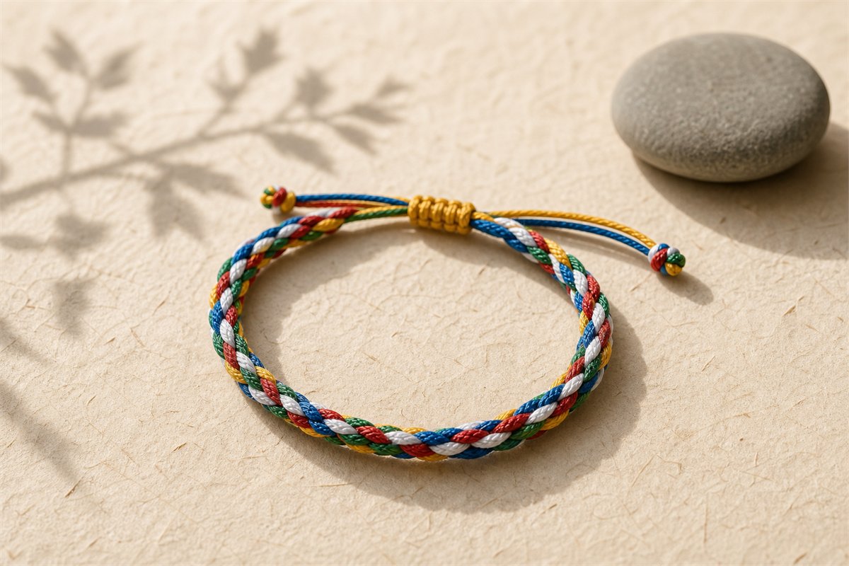 Blue, white, red, green, and yellow strands braided into an adjustable five-color bracelet