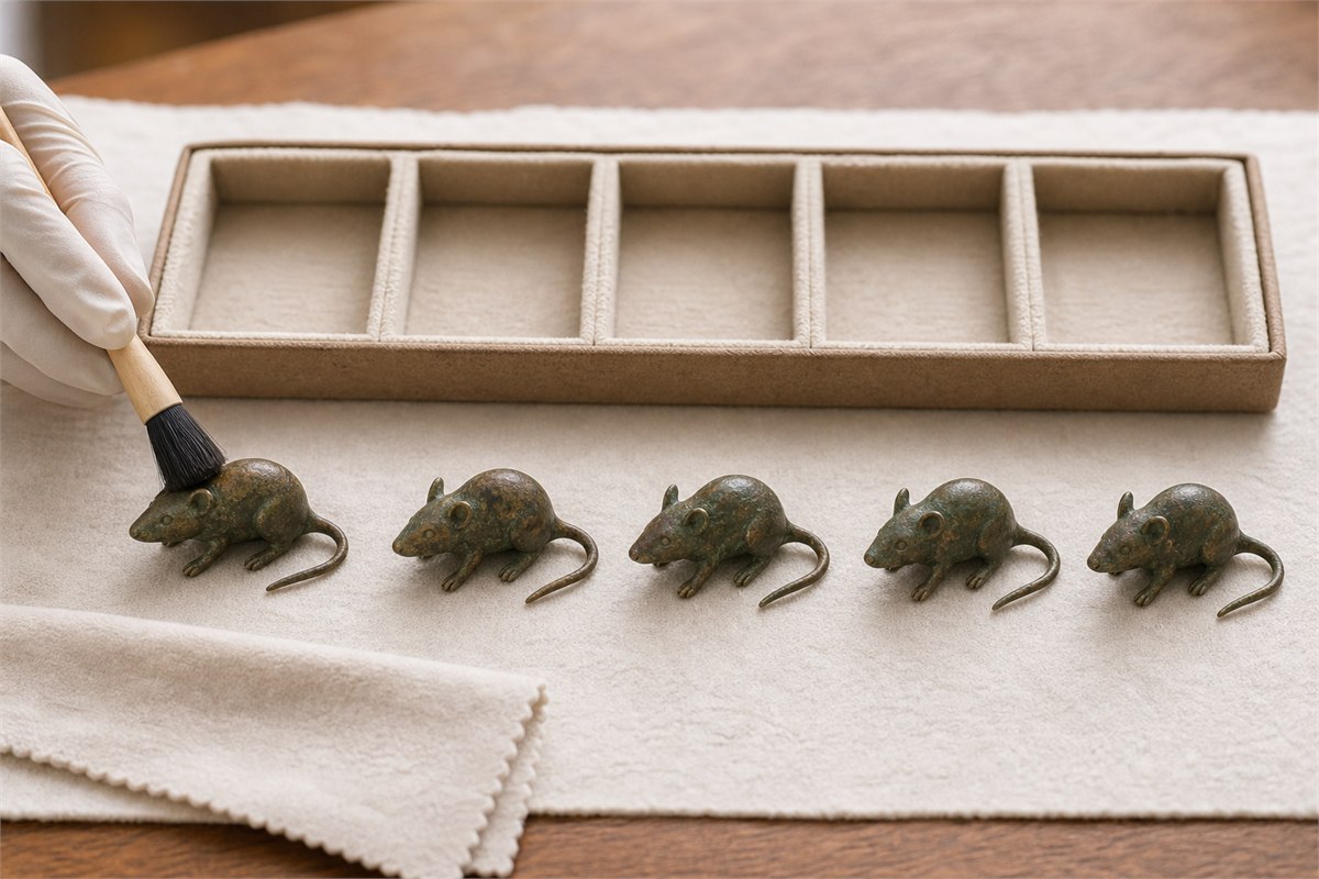 Exactly five copper rat figurines with a soft dry brush and divided storage tray