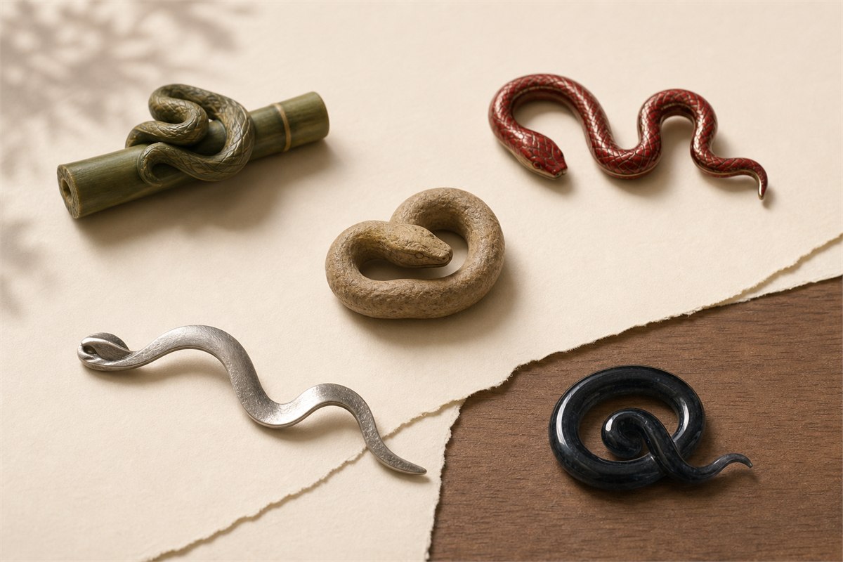Five separate snake forms in green bamboo, red enamel, ochre stone, silver, and dark glass