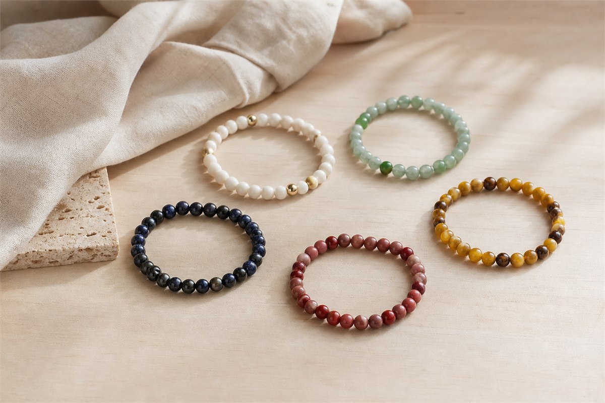 Five bead bracelets in white, green, black blue, red pink, and yellow brown color families