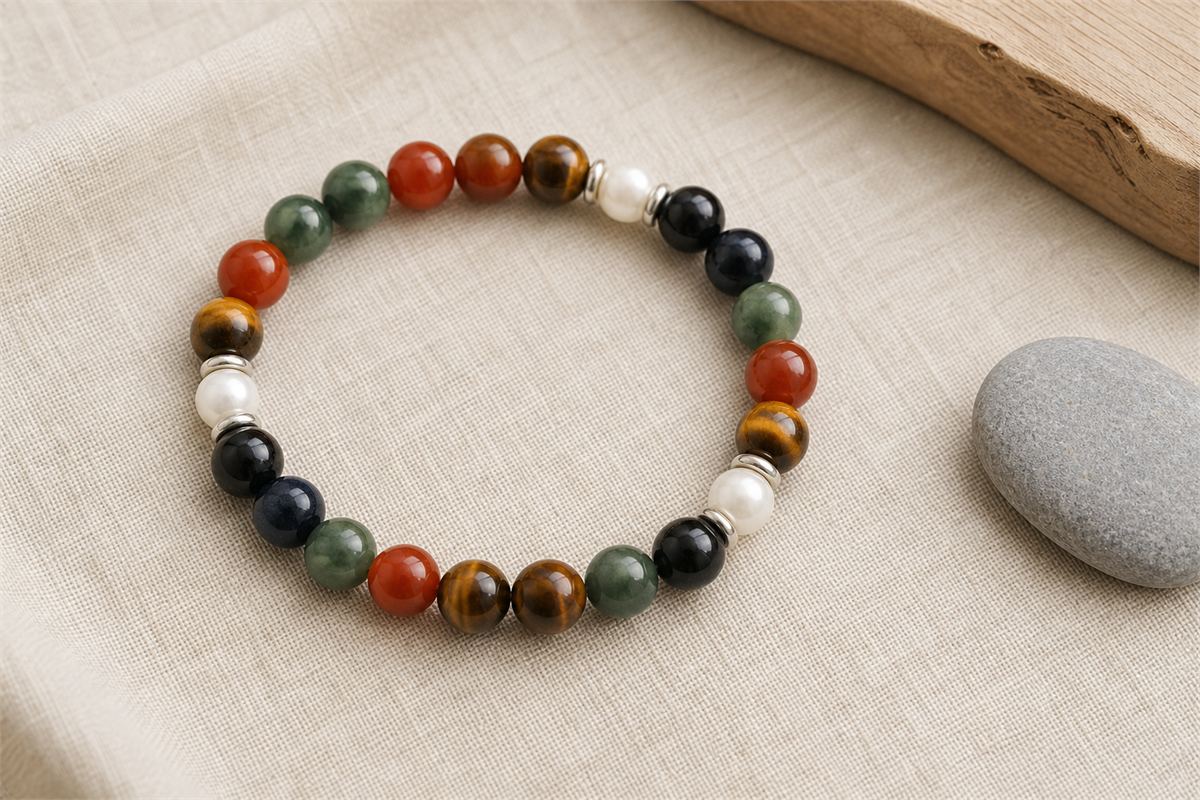 Five-color bead bracelet with muted green, red, ochre, white, and black materials on linen