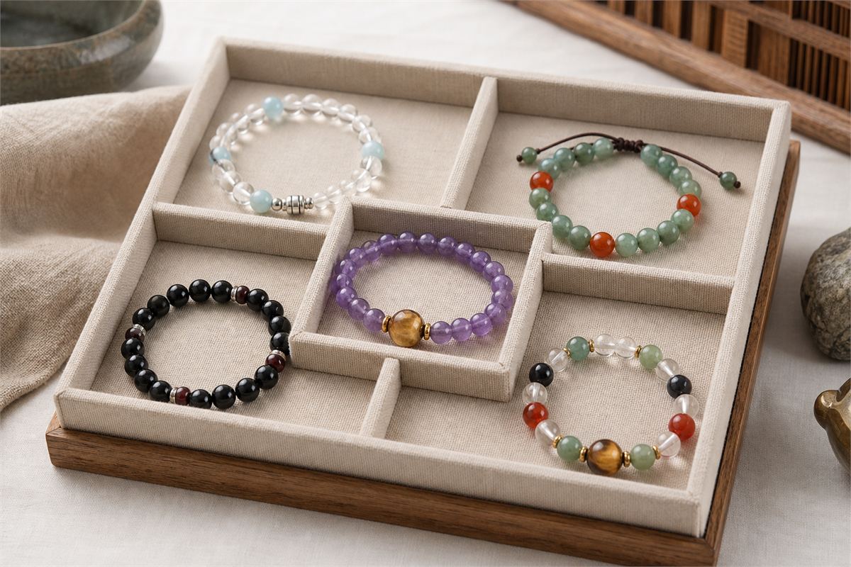 Five distinct gemstone bracelets arranged separately on a divided linen tray