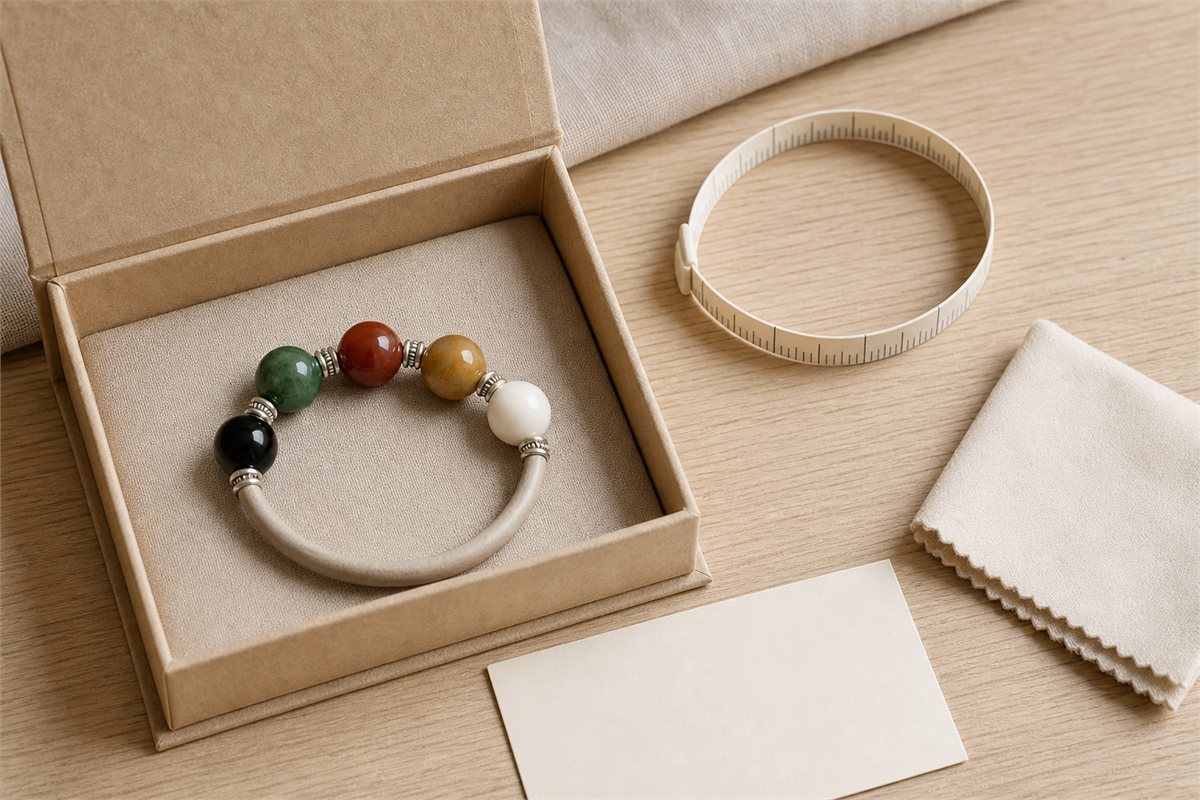 Five-color bracelet in a neutral gift box beside a wrist measuring loop, blank card, and care cloth