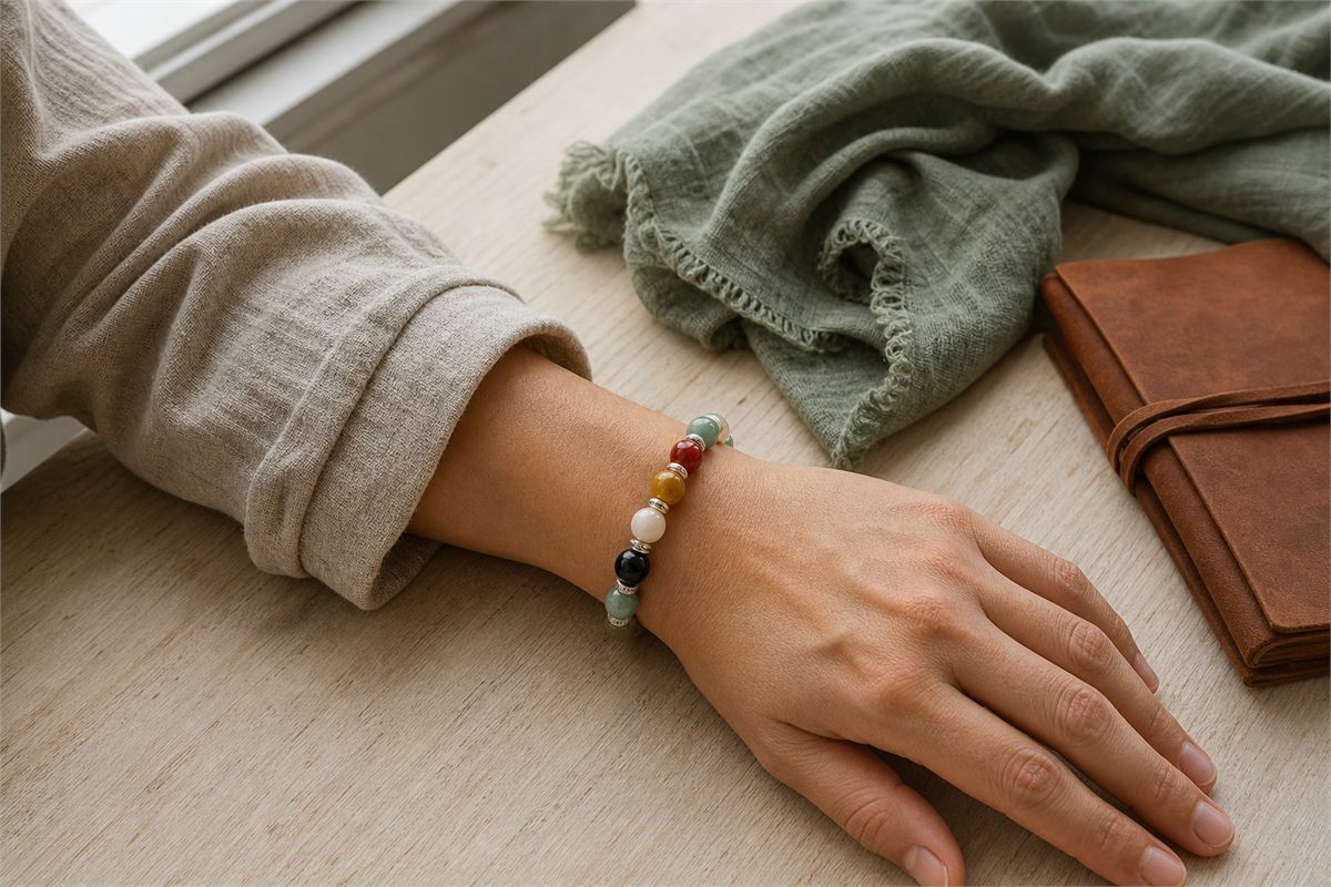 Five-color bead bracelet worn with an oatmeal linen sleeve beside muted green fabric and brown leather