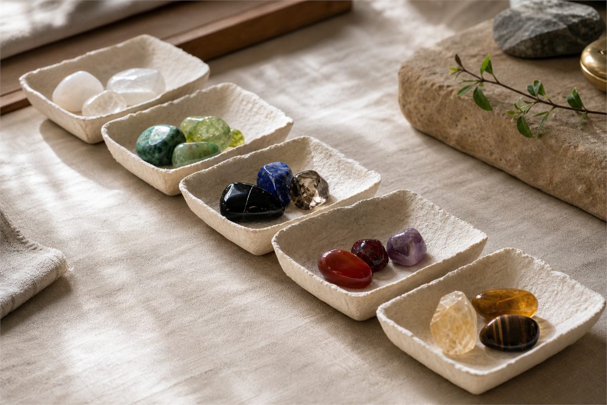Five shallow trays holding white-clear, green, black-blue, red-purple, and yellow-brown gemstone materials