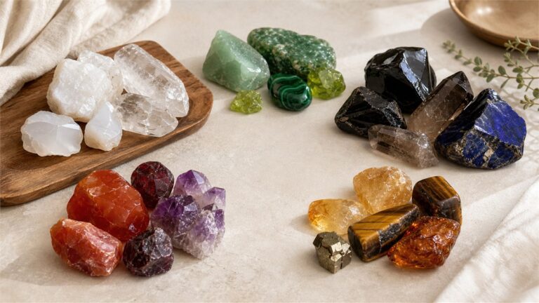 Five restrained groups of white, green, black-blue, red-purple, and yellow-brown stones arranged around a neutral center