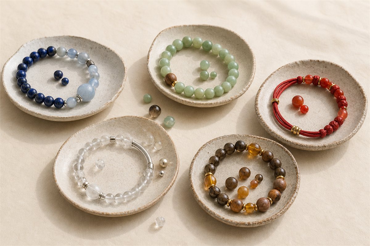Five ceramic dishes holding blue, green, red, clear and metallic, and earthy brown bracelet materials