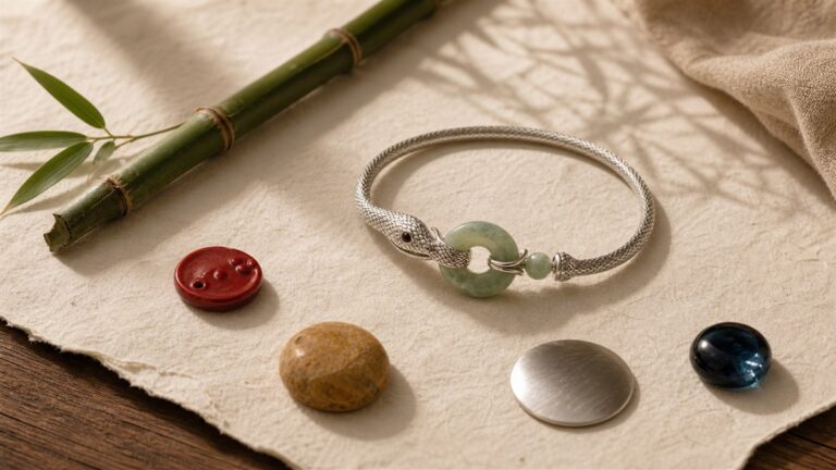Silver snake bracelet with a jade ring beside bamboo and five material swatches on ivory paper