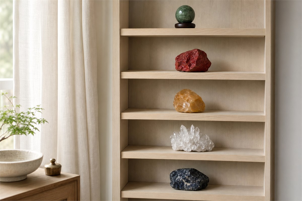 Five small color-grouped stone objects displayed on stable shelves with fitted stands and open space