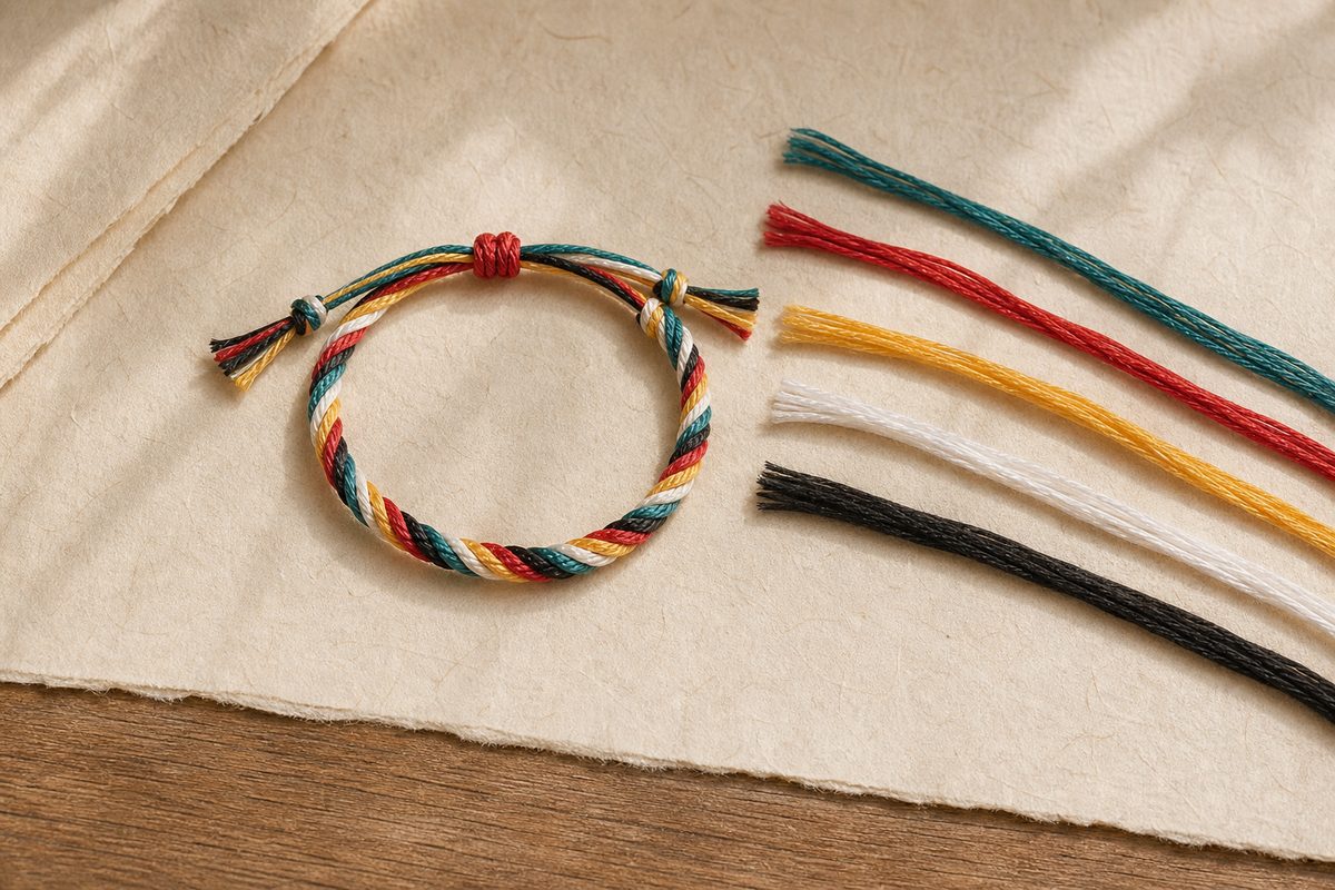 Five color cord bracelet with separate blue green red yellow white and black threads nearby