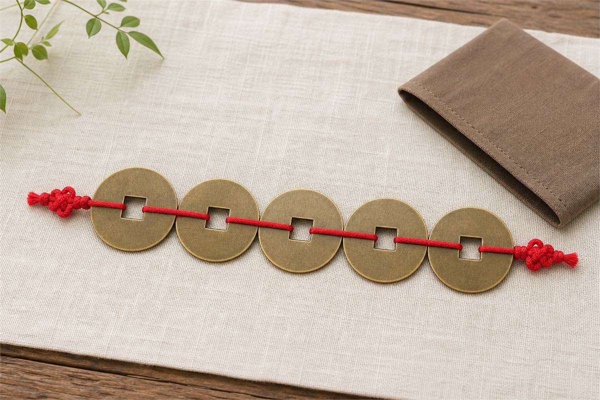 Five blank brass-toned square-holed replica discs joined in a row by red cord
