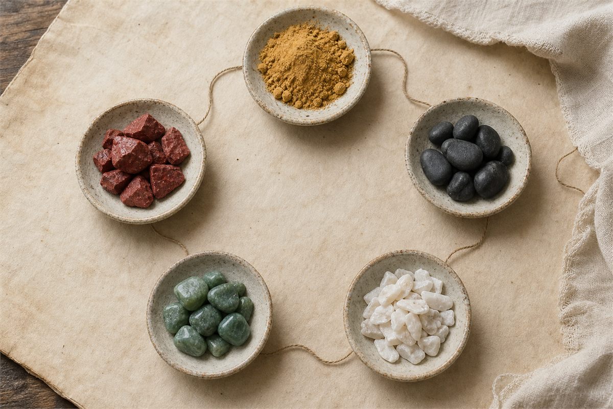 Five ceramic dishes holding yellow pigment, black stones, white mineral, green stones and red mineral