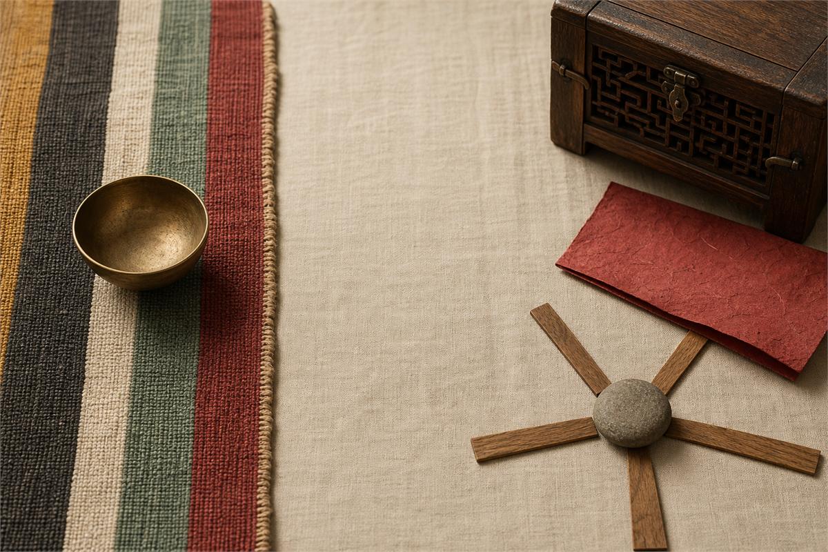 Five-color woven textile and brass bowl separated from red paper, wooden box and five wooden paths