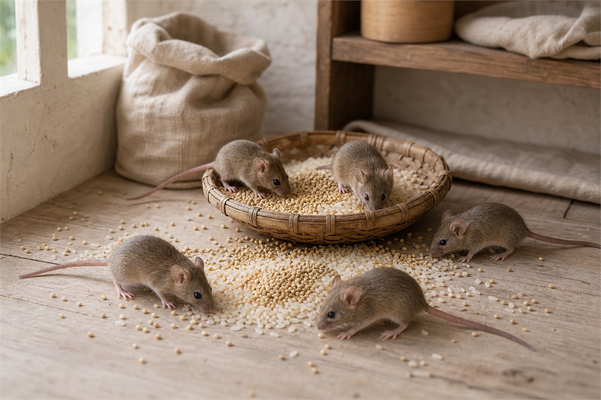 Exactly five mice gathering beside a woven basket of grain in natural light