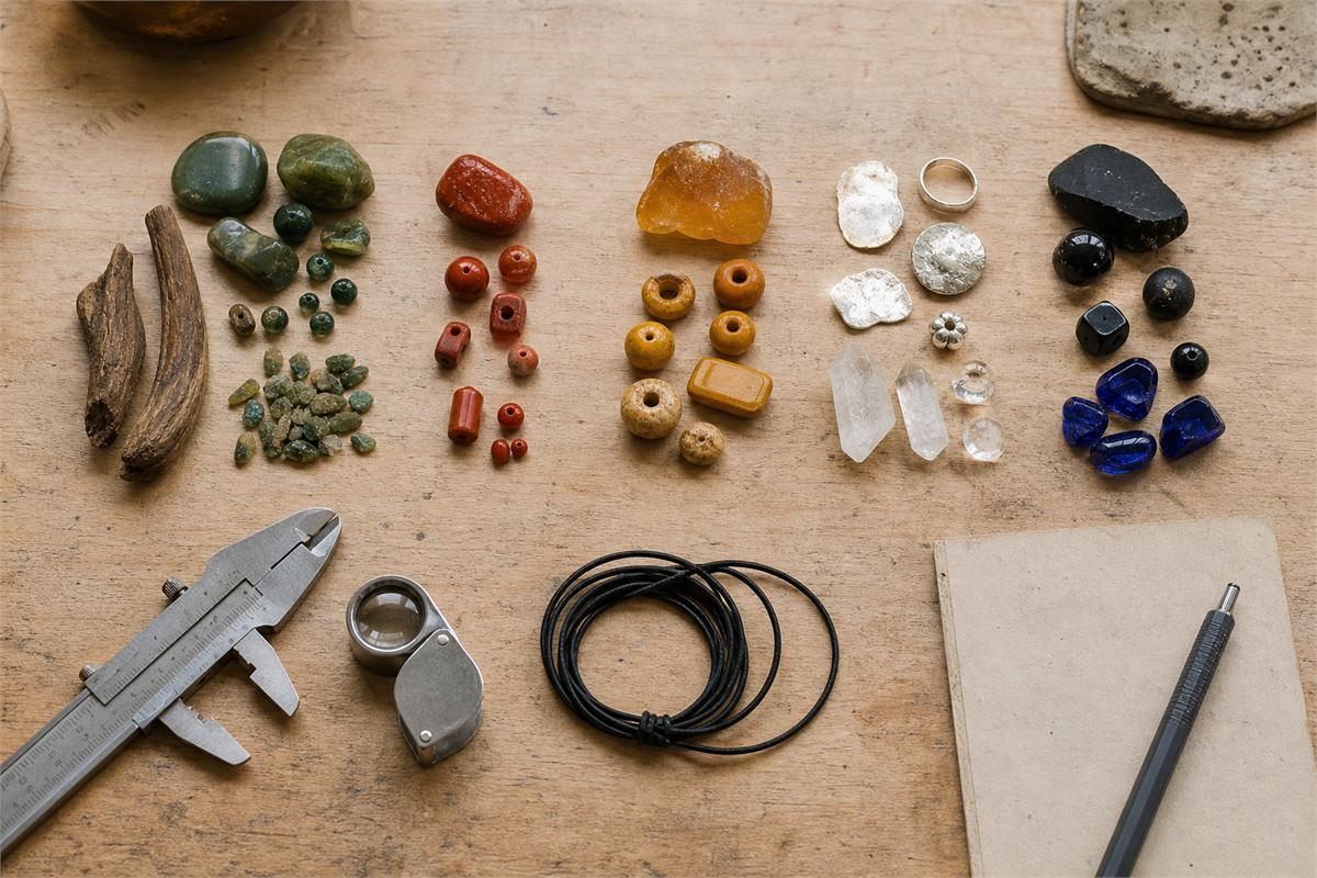 Five color and material groups beside calipers, a loupe, cord, and blank design notes