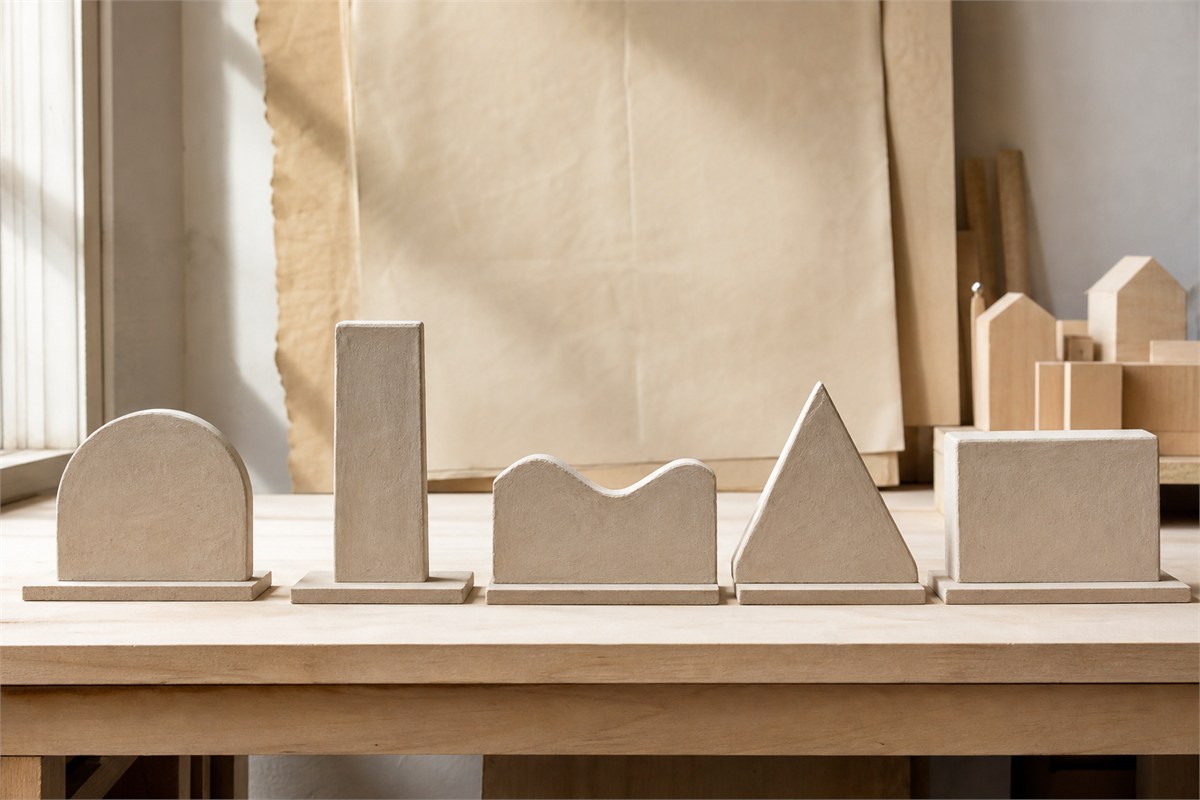 Five clay profile models with round, upright, undulating, pointed, and square silhouettes