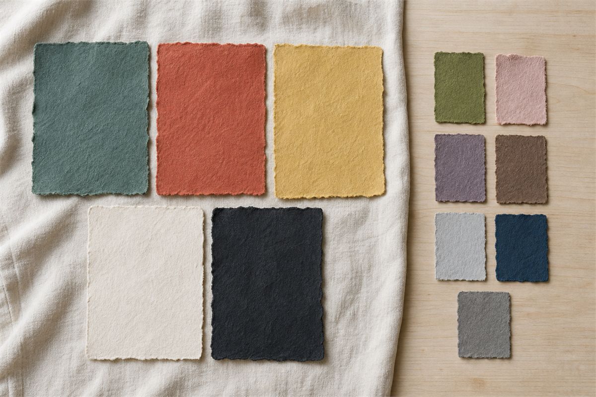 Five large blue-green, red, yellow, white, and black paper swatches beside smaller modern color extensions