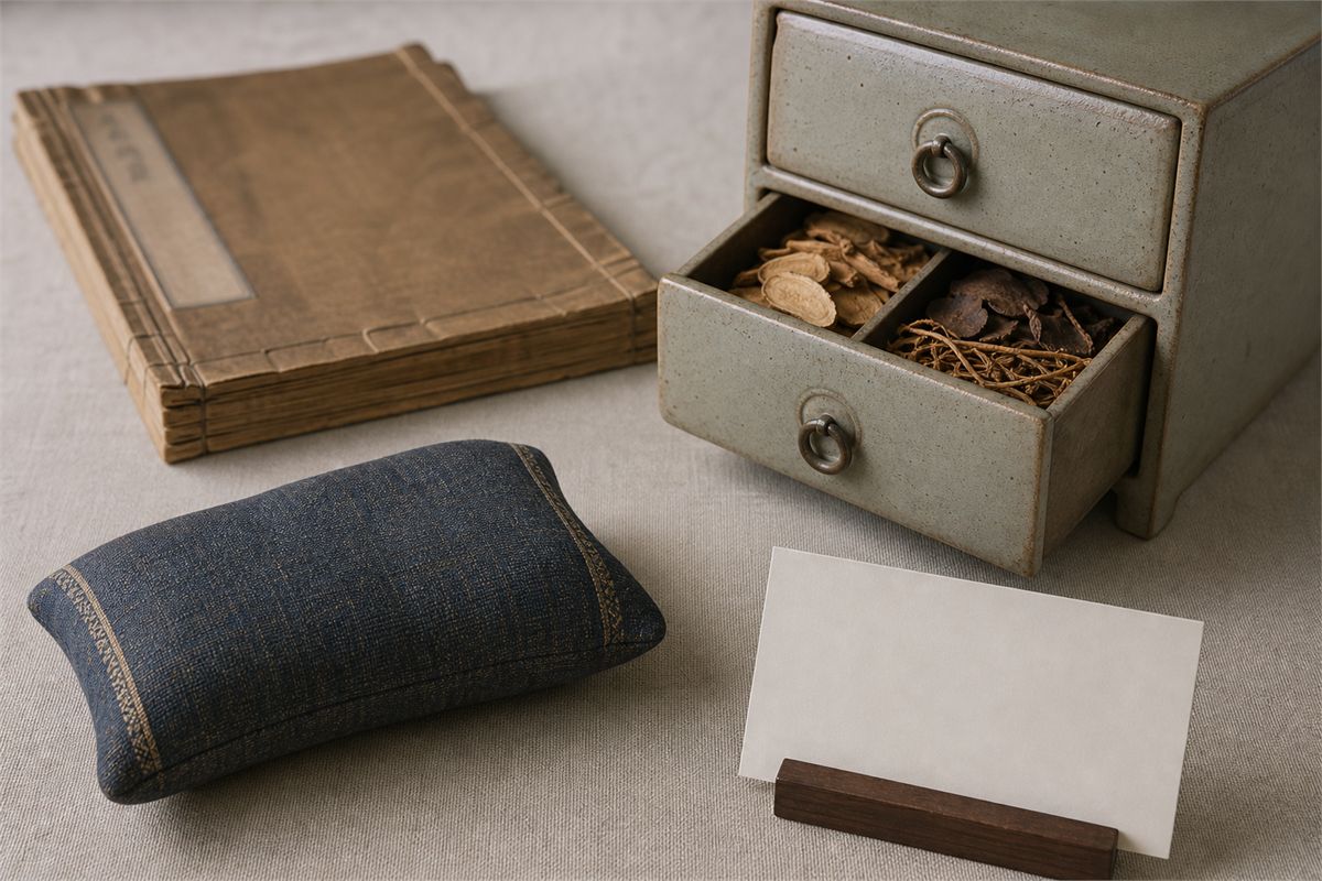 Historical medical text, pulse-rest cushion, ceramic herb drawer, and blank museum card