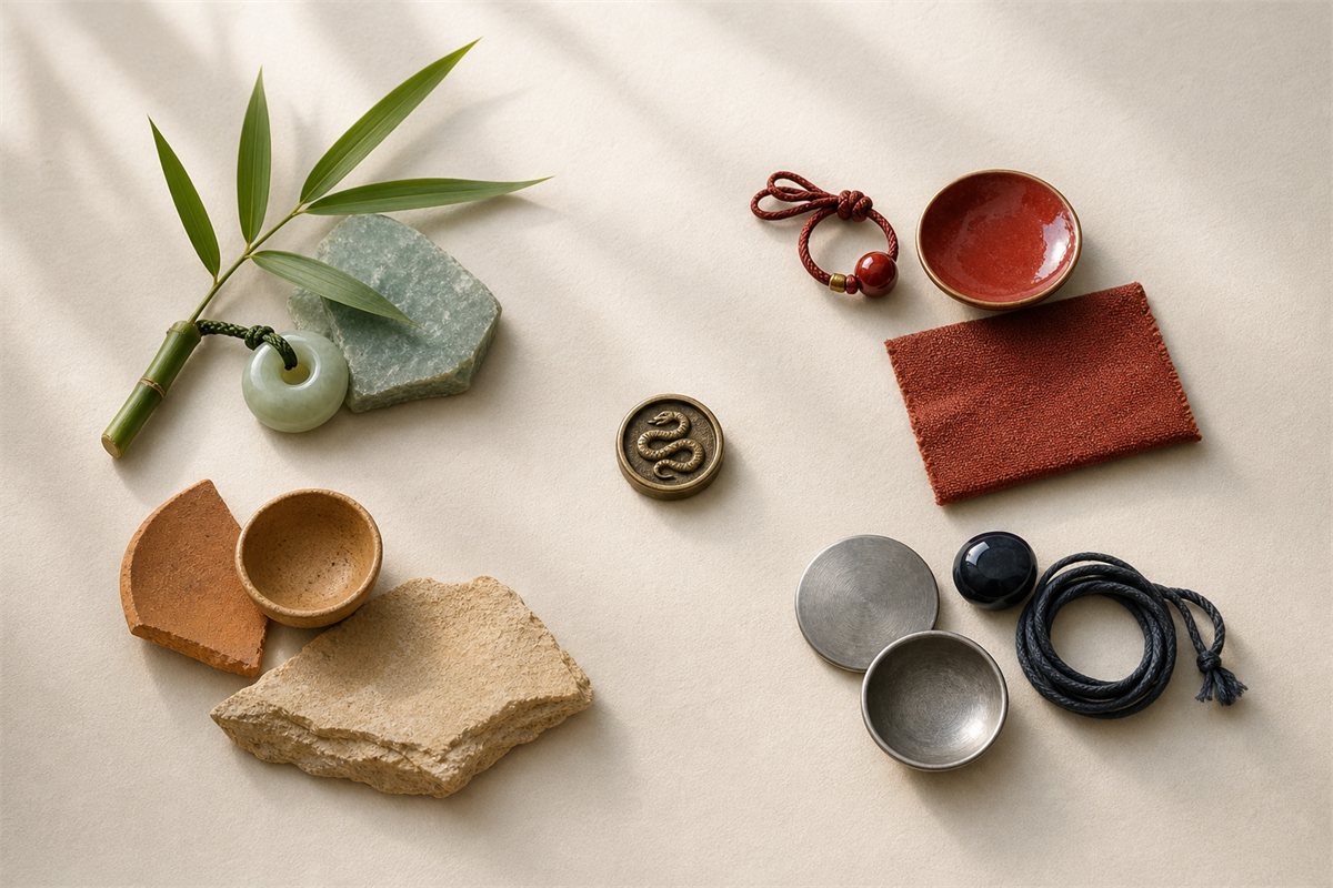 Green, red, ochre, silver, and deep blue-black material groups around a bronze snake seal