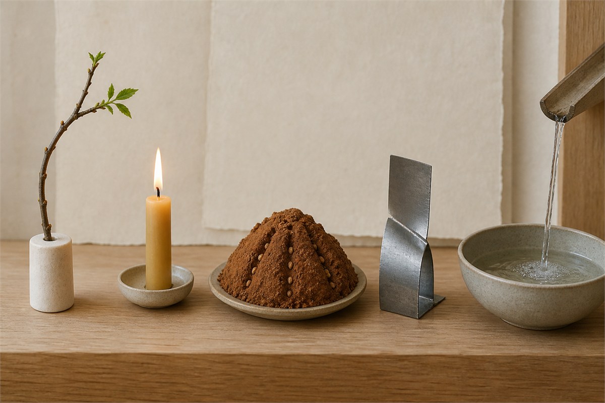 Five vignettes showing a bending twig, rising flame, cultivated earth, folded metal, and descending water