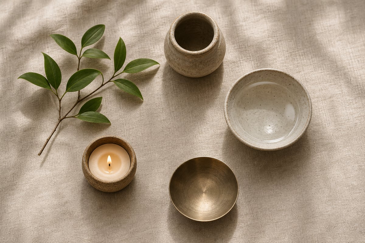 Green branch, candle flame, clay vessel, brushed metal object, and water bowl arranged on linen