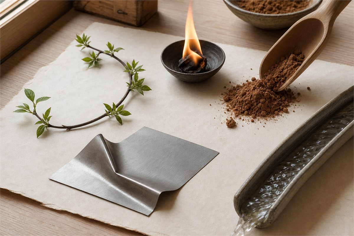Flexible twig, rising flame, shaped earth, folded metal, and flowing water arranged as five processes