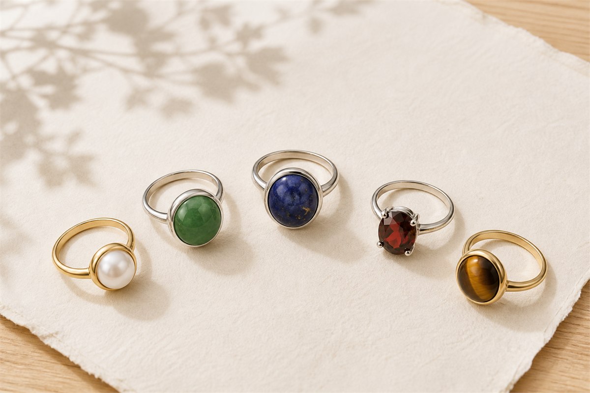 Five rings with white pearl, green jade, blue lapis, red garnet, and golden tiger's eye