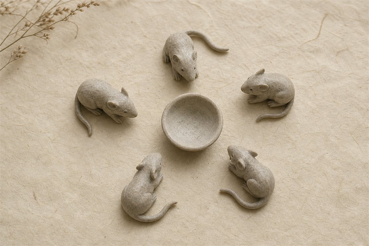 Exactly five neutral stone rat figures arranged around a plain central bowl