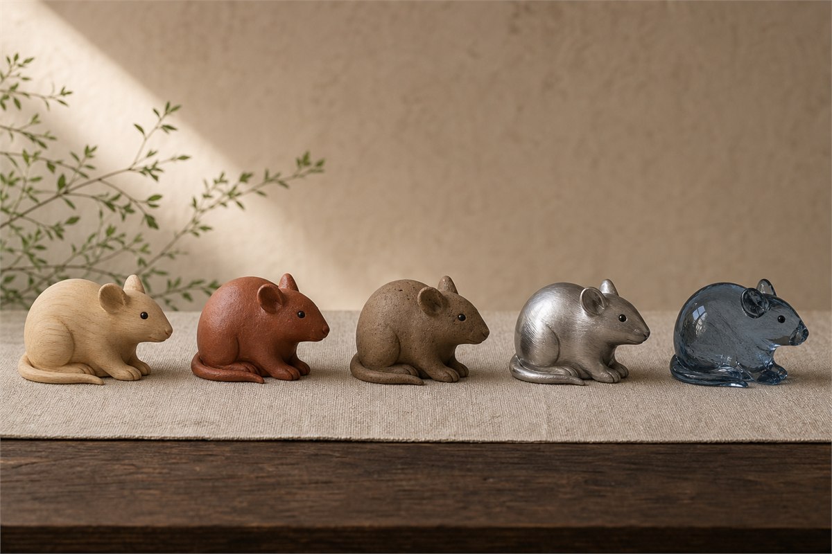 Five matching Rat sculptures made from wood, red ceramic, earth clay, brushed metal, and dark glass