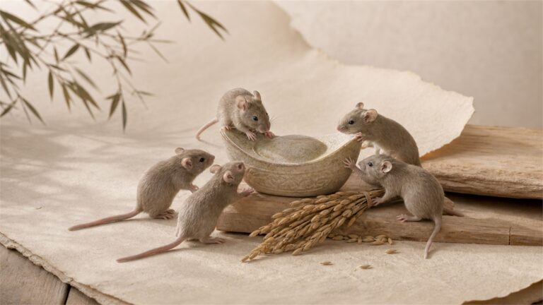 Five mice gathered around a stone sycee and grain on a warm neutral surface