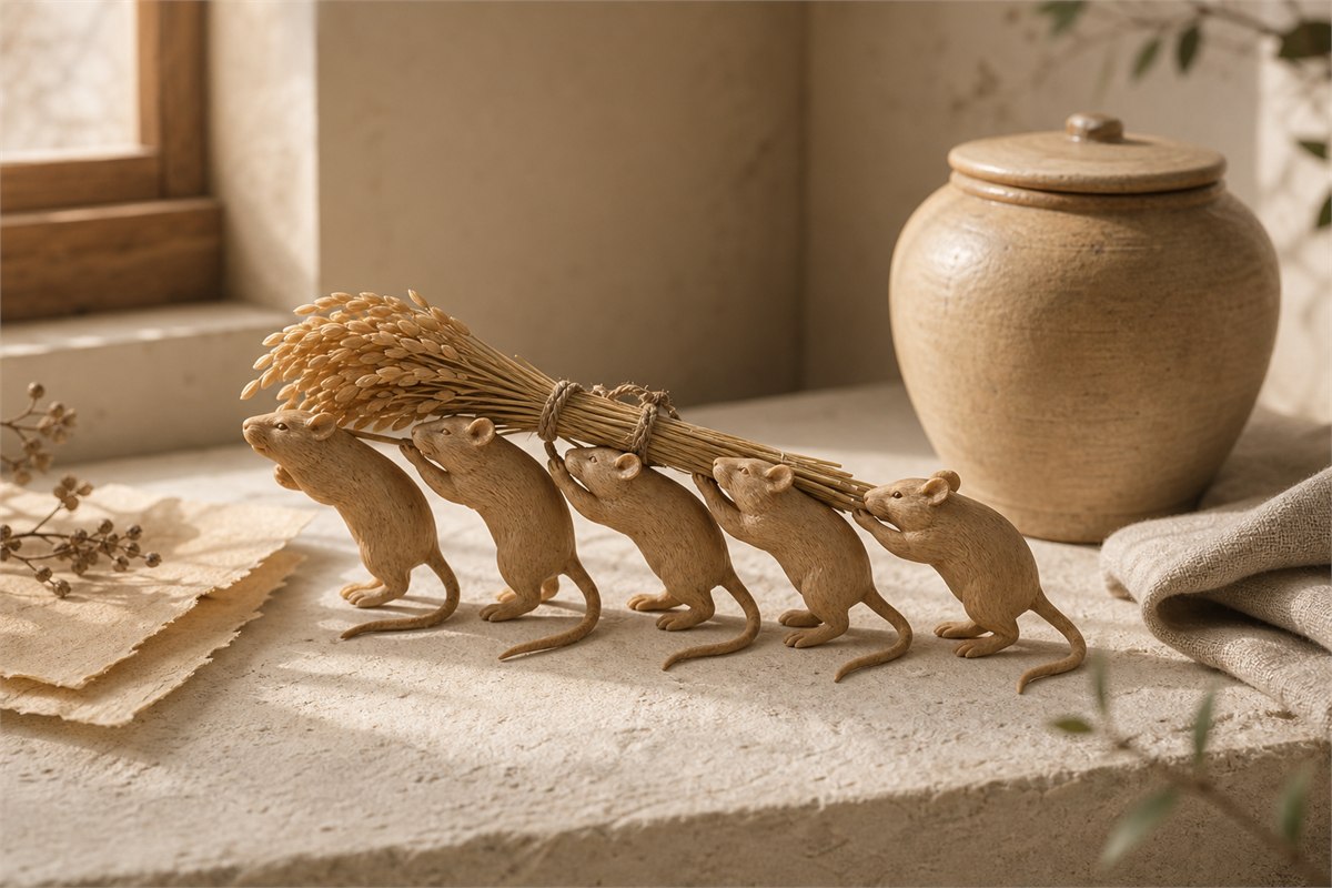 Exactly five wooden rat figures carrying grain toward a storage jar
