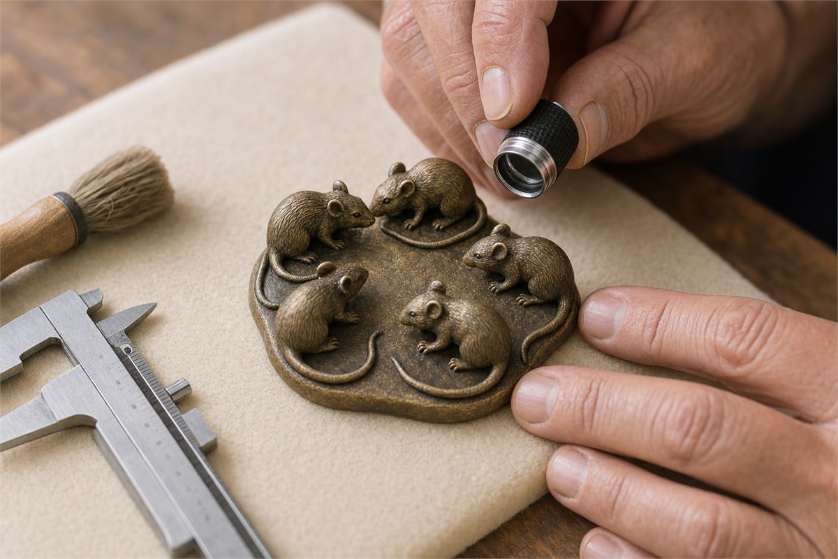 Exactly five copper rat figures examined with a loupe and caliper on a worktable