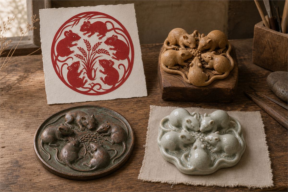 Five-rat motifs shown in paper cut, boxwood carving, copper relief, and ceramic forms