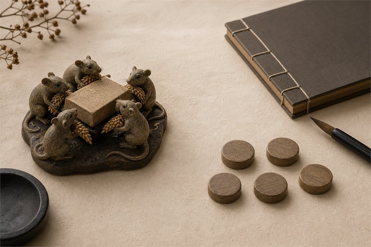 Five-rat animal motif beside five blank scholar tokens and an unmarked bound book