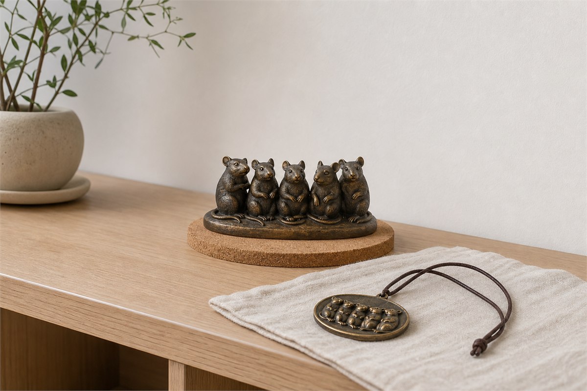 Five-rat ornament on a stable padded shelf beside a pendant with a five-rat motif